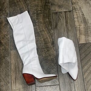 Anthropologie Silent D leather White Over the Knee 3.75”Boots w/ Western flair